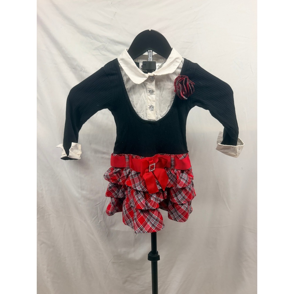 Y2K Toddler Girls 2T Retro Plaid Ruffle Holiday Dress Black Red White
